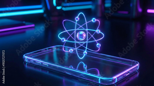 Wallpaper Mural scientific visualization of an atom, glowing cyan and pink electron orbits surrounding a bright nuclear energy core Torontodigital.ca