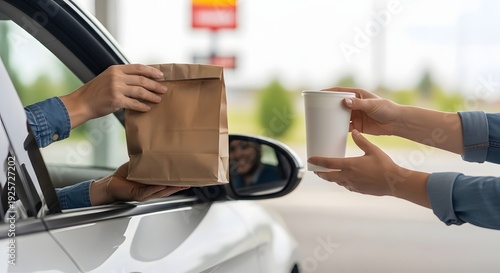 Fast Food: Drive-Thru Takeaway Order Handoff with Paper Bag and Soft Drink