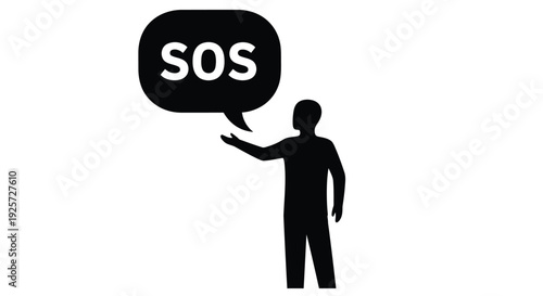 Silhouette of a person presenting a speech bubble with the letters sos inside