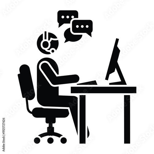 Black silhouette of office worker providing technical support or telemarketing services at workstation