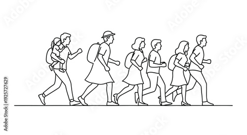 Group of people walking in a line sketched with minimal linework and detail