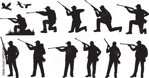 A collection of various hunter silhouettes in different action poses with rifles and flying birds