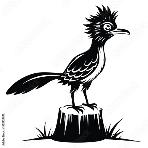 monochromatic roadrunner silhouette line art vector illustration with a white background