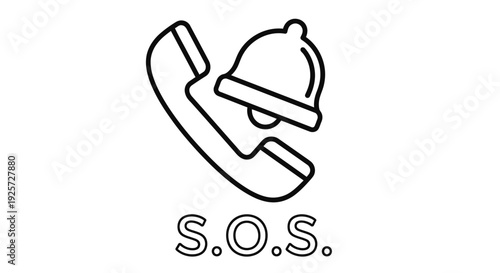 Black and white line drawing of a telephone receiver and sos signal