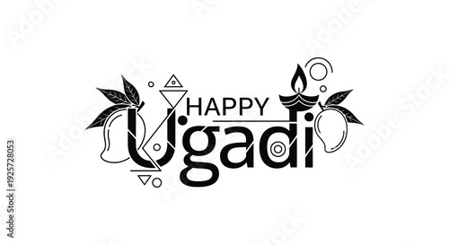 Happy ugadi festive typography design with floral elements a striking silhouette