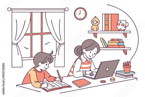 Young Girl and a Boy Studying on a Laptop at a Desk – Modern Online Learning Concept Illustration