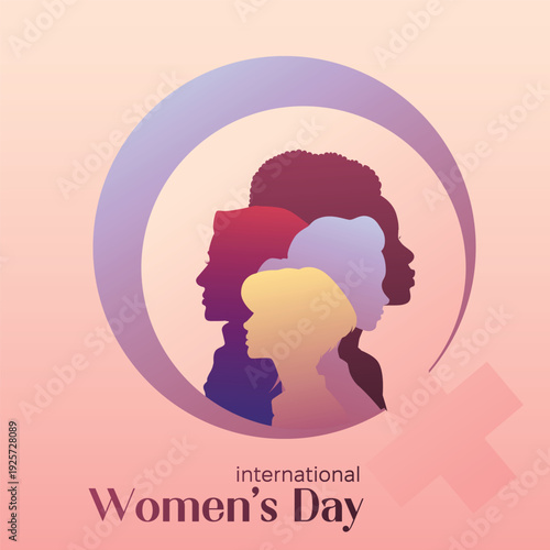 International Womens Day Banner Template. Side Silhouettes of Women of variety of ethnic races stand together. 8 of March International day feminist movement and defending women rights
