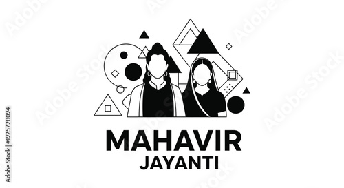 Mahavir Jayanti celebration with figures and geometric shapes a dark silhouette