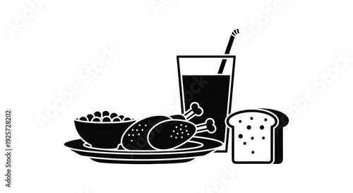 Simple black and white food arrangement featuring a drink and meal silhouette