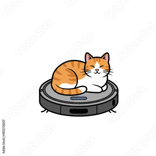 Relaxed ginger and white cat sitting on robotic vacuum cleaner at home floor. Concept of lazy pet and smart technology