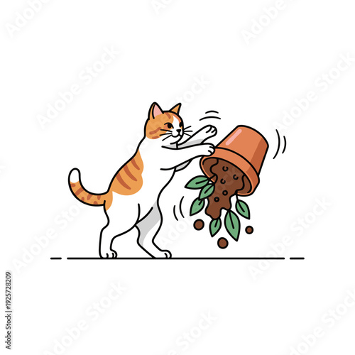 Playful ginger and white domestic cat knocking over flower pot with soil spilling on floor indoors. Concept of naughty pet behavior
