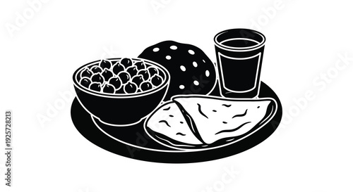 Breakfast still life featuring bread cheese and fruit in black silhouette