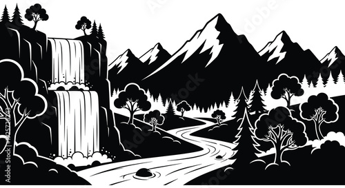 Dramatic mountain landscape with waterfall and river stylized in black and white silhouette