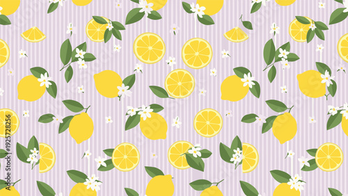Seamless pattern of fresh lemons with green leaves and small white blossoms over a light purple striped background for textile design.