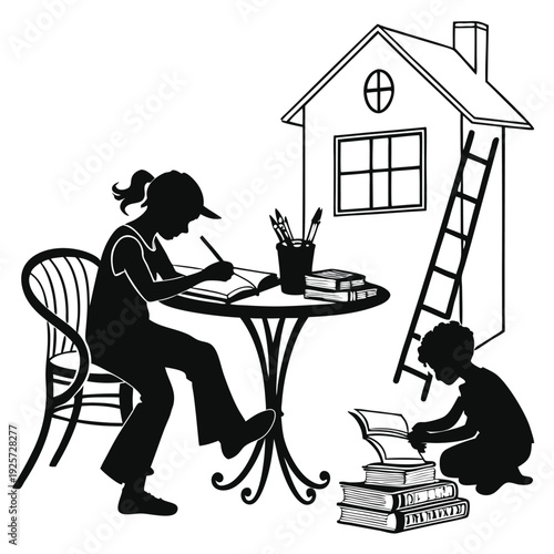 Mother and Child Home Learning Silhouette Illustration – Cozy Family Study Time Concept