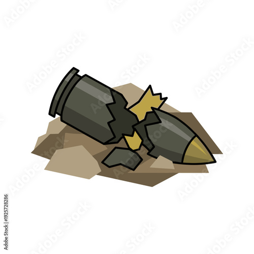 Broken artillery shell lying on dirt ground after explosion close up view. Concept of war destruction and danger