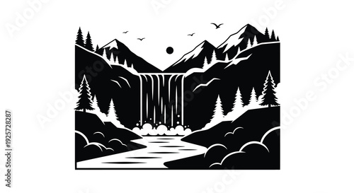 Dramatic mountain landscape with waterfall and trees in striking silhouette