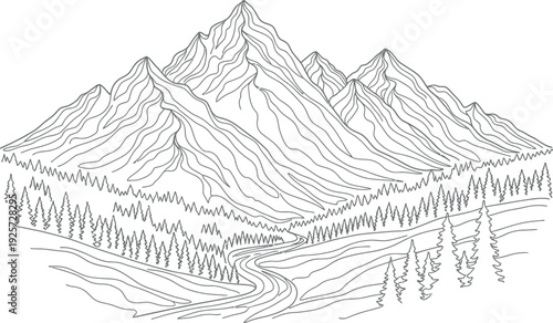 Majestic mountain range illustration features sharply pointed peaks towering over a dense evergreen forest valley traversed by a winding river sketch outline.