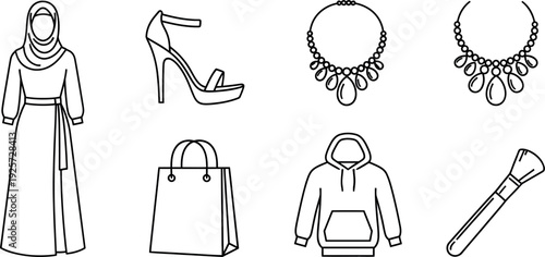 Collection of essential fashion and beauty icons including a hijab dress high heel shoes jewelry necklaces shopping bag hoodie and makeup brush outlines