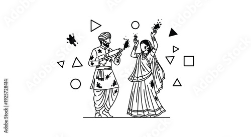 Indian couple celebrating holi with sparklers surrounded by geometric shapes silhouette
