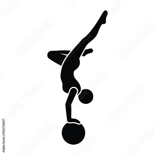 Black silhouette of an athlete balancing on a ball doing a handstand pose