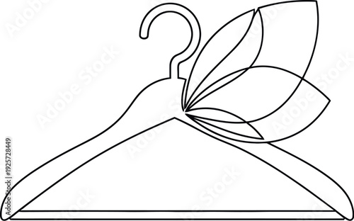 Minimalist black and white line art drawing depicting a delicate clothing hanger adorned with elegant, stylized floral or butterfly wing elements suggesting fashion and nature harmony