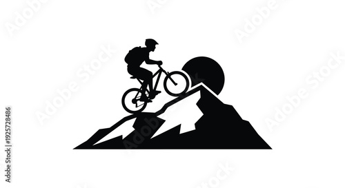 Mountain biker rides a steep incline depicted in stark black silhouette