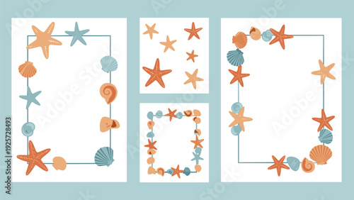 Set of four nautical themed frames and patterns decorated with colorful starfish and various seashells on a light blue background base.