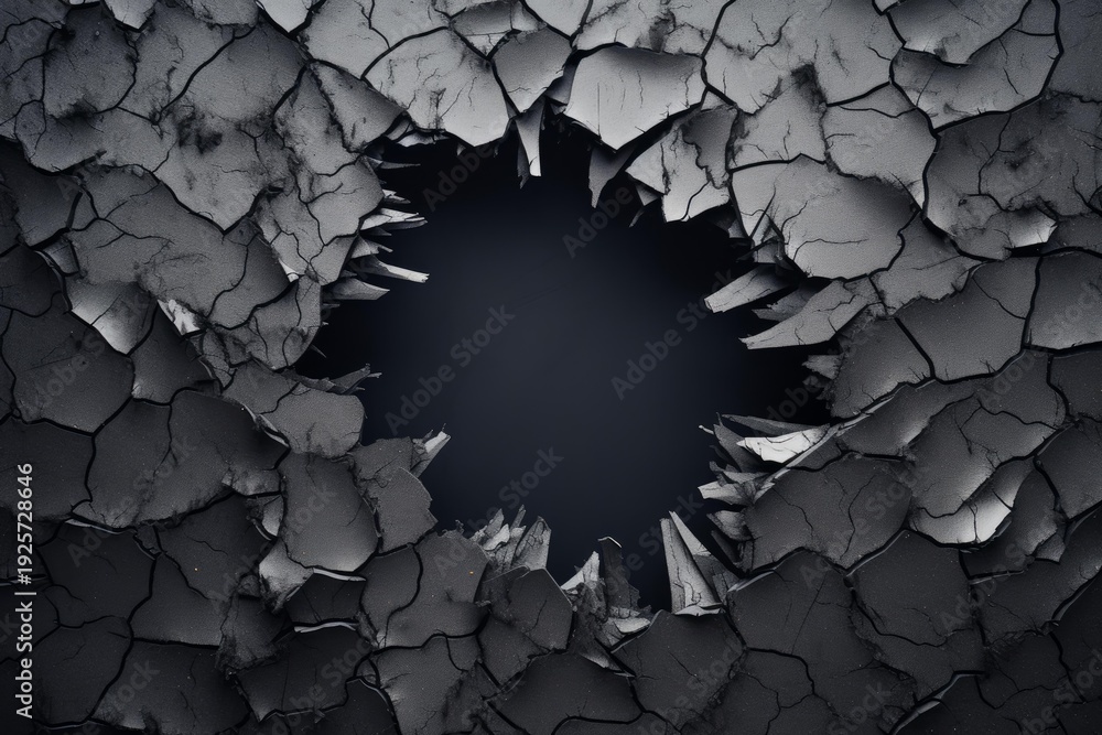 Fototapeta premium Cracking wall creating a dark void, representing destruction, breaking, and impact