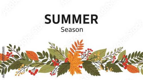 Decorative horizontal border made of colorful autumn leaves and red berries below the text Summer Season on a clean white background.