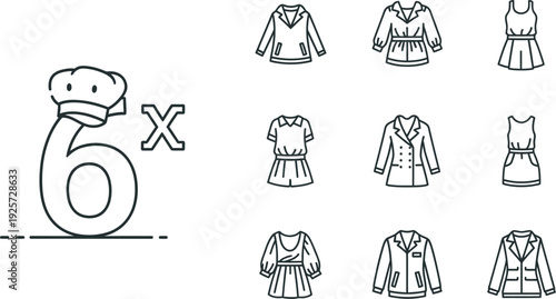 A whimsical illustration depicting the multiplication of a chef character wearing a tall hat by the number six and various styles of women's clothing icons for concept development.