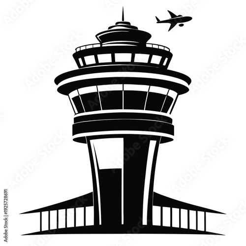 air traffic control tower silhouette line art vector illustration with a white background