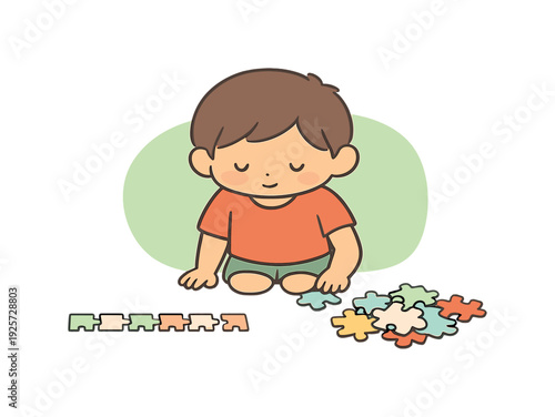 Calm child sorts puzzle pieces on the floor, straight edges separated, middle pieces clustered nearby. | puzzle pieces, sorting