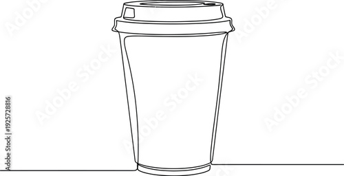 Minimalist continuous line drawing art featuring a single takeaway coffee cup with a secure lid resting simply upon a flat horizontal surface against a white background