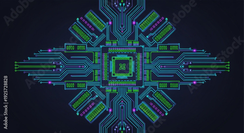 Abstract glowing circuit board pattern with neon lights.