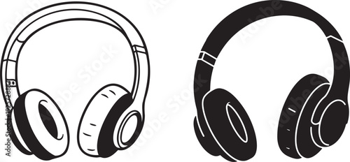 Two distinct styles of modern over ear headphones one outlined and the other solid black presented side by side