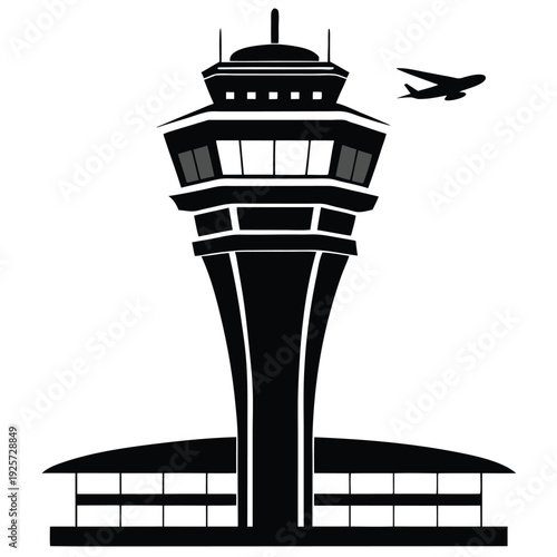 air traffic control tower silhouette line art vector illustration with a white background