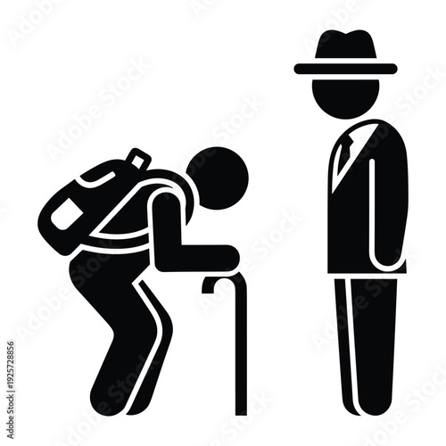 Pictogram showing an old person with a walking stick meeting a professional businessman