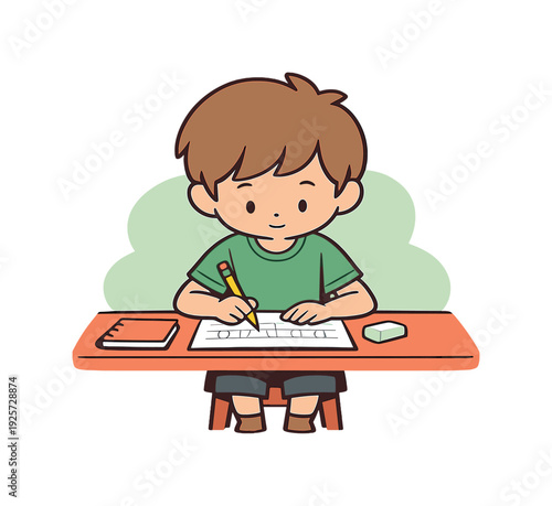 Child Handwriting Practice. Morning child practices handwriting at a desk, pencil tracing letters on paper, eraser and notebook