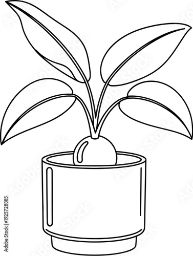 Minimalist black and white line art drawing depicts a simple houseplant growing from a bulb situated inside a modern cylindrical container set against a pale background.