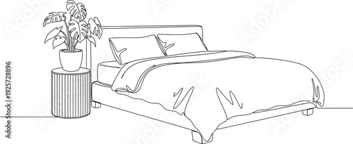 Minimalist line art illustration depicts a cozy double bed set up neatly with pillows and a duvet beside a modern side table holding a potted tropical houseplant.