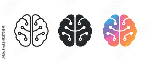 Artificial intelligence scene showing a minimalist circuit brain icon composed of rounded lobes and short connector lines, fully