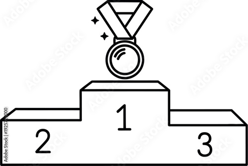 Simple black and white line art icon representing a winner's podium with a first place medal resting perfectly atop the highest platform number one.