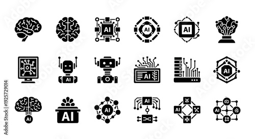 Comprehensive Vector Icon Set for Artificial Intelligence, Machine Learning, and Robotics Concepts