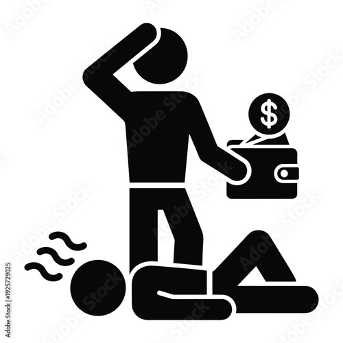 Pictogram showing stressed man with wallet standing over unconscious person depicting medical debt