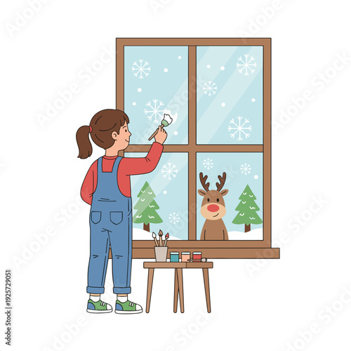 Young girl painting snowflakes on window glass with winter landscape outside. Concept of christmas creativity and holiday spirit