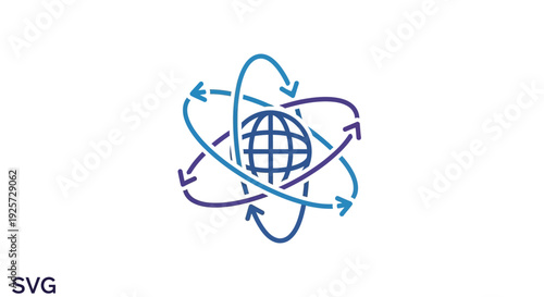 Abstract globe with orbiting arrows representing global connectivity and communication.