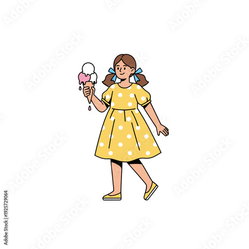 Young girl in yellow polka dot dress walking with melting ice cream cone. Concept of carefree summer childhood