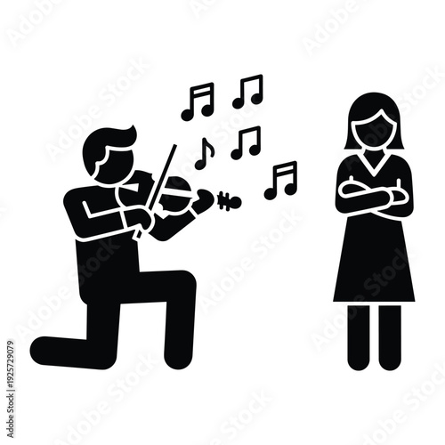 A male musician kneeling and playing a violin serenade to a woman standing