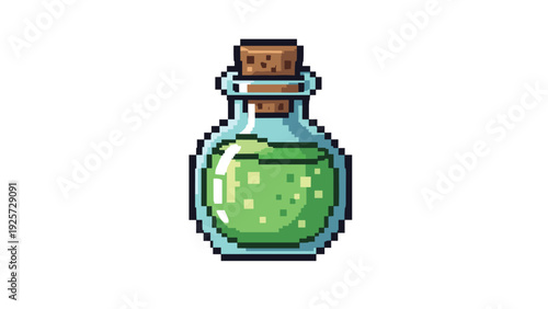 Pixel art bottle of a green glowing magic potion or poison commonly used in retro video game interfaces and fantasy themed graphics.